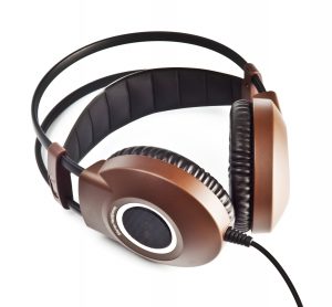 black and brown stereo headphones isolated on white